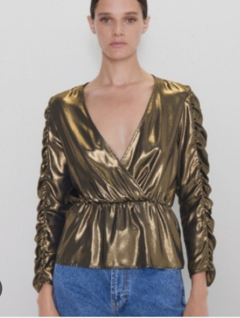 Zara Women’s Gold Metallic Blouse Top. Pleated Gathering, Size Medium